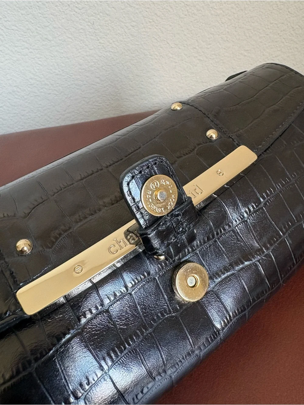 Charles David Black Croc-Embossed Leather Clutch with Gold Hardware